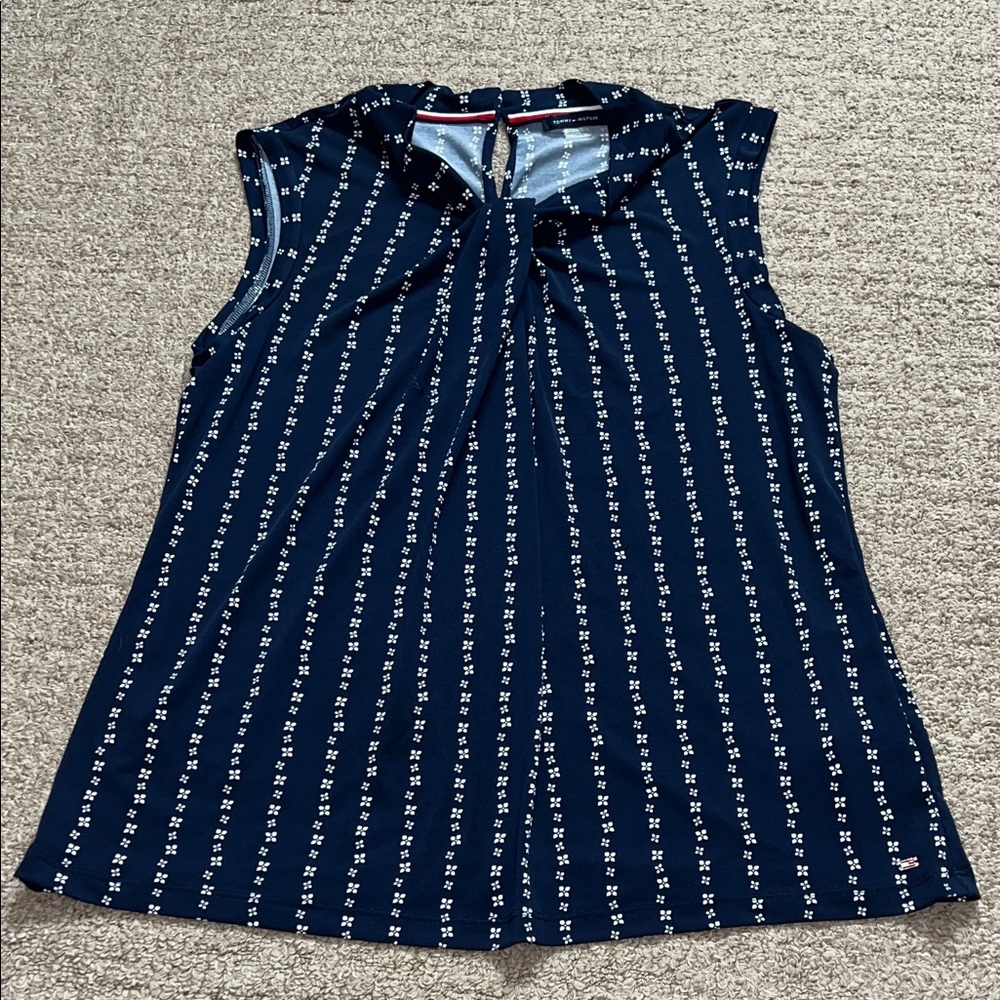 Tommy Hilfiger Navy Tank Top with White Floral Design Size Large
